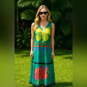 Anupamaa Silk Maxi Dress Small Green Floral Anthropologie Art to Wear Resort K